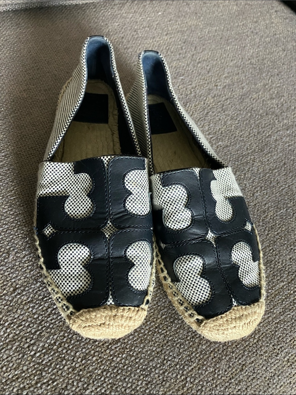 Tory Burch Lonnie Navy and White Logo Espadrille Flats